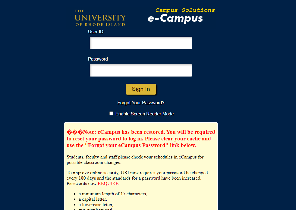 URI eCampus Student Portal Login