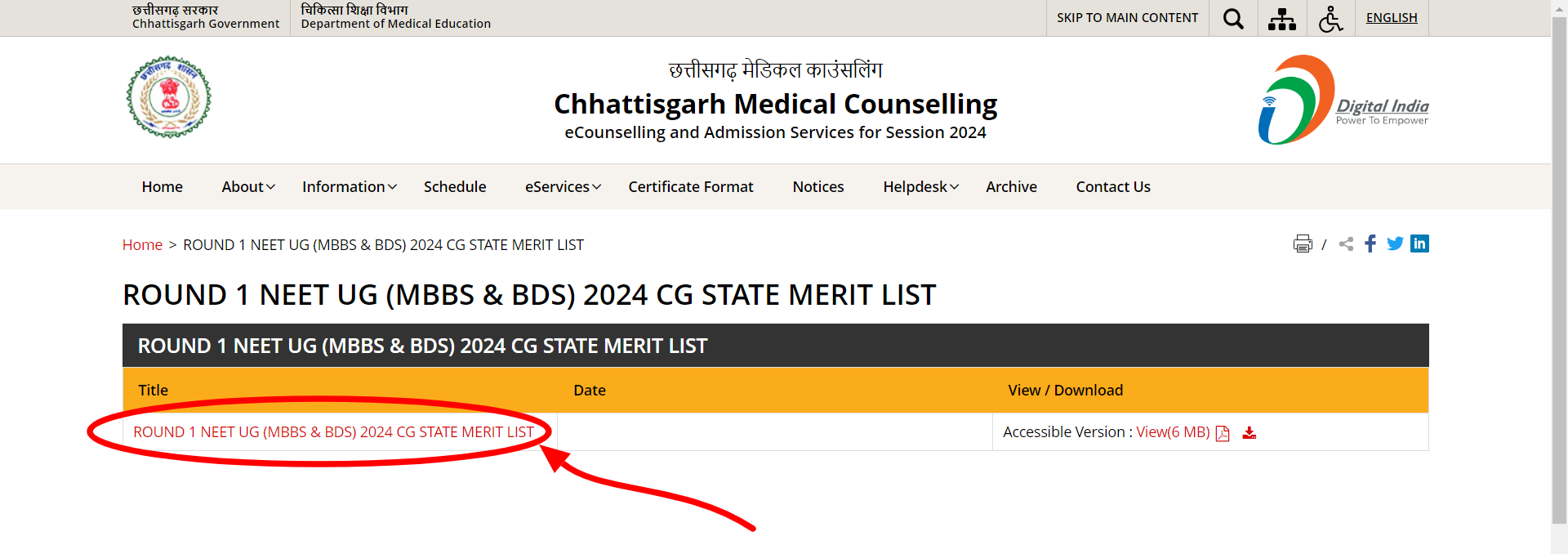 Steps to Check Chhattisgarh NEET UG Counselling 2024 Round 1 Merit List