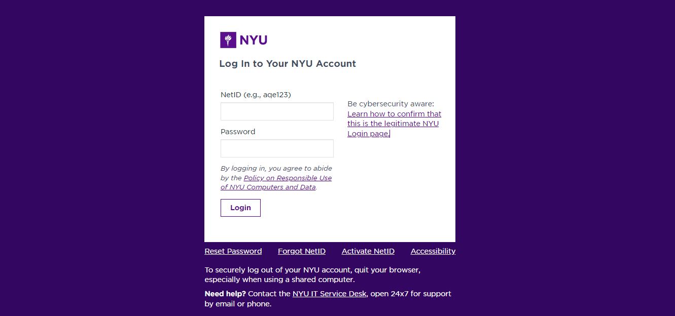 NYU Albert Login page
