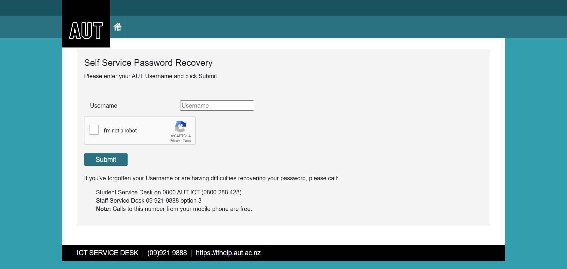 Auckland University of Technology forgot password page