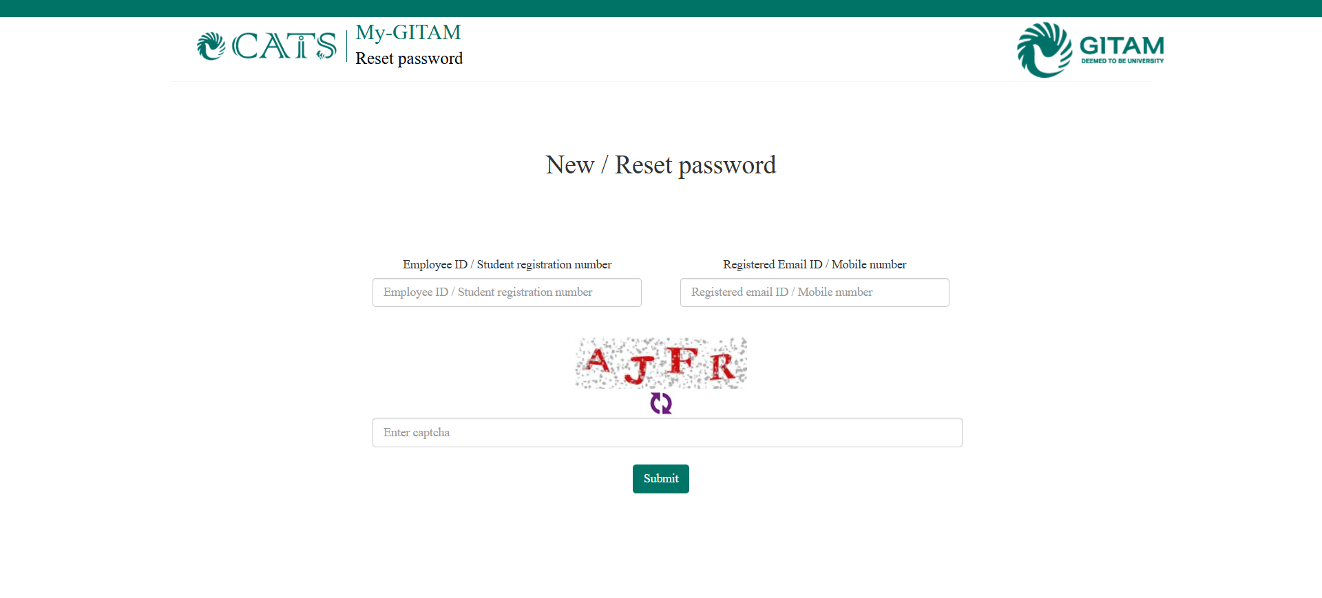 GITAM Web login reset password