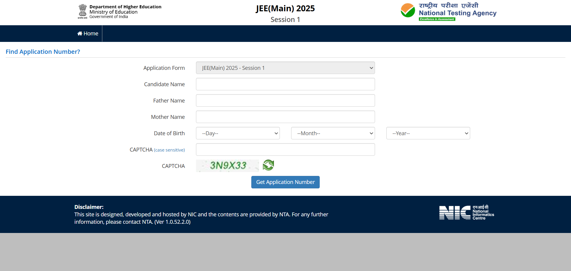 JEE Main login application number recovery page