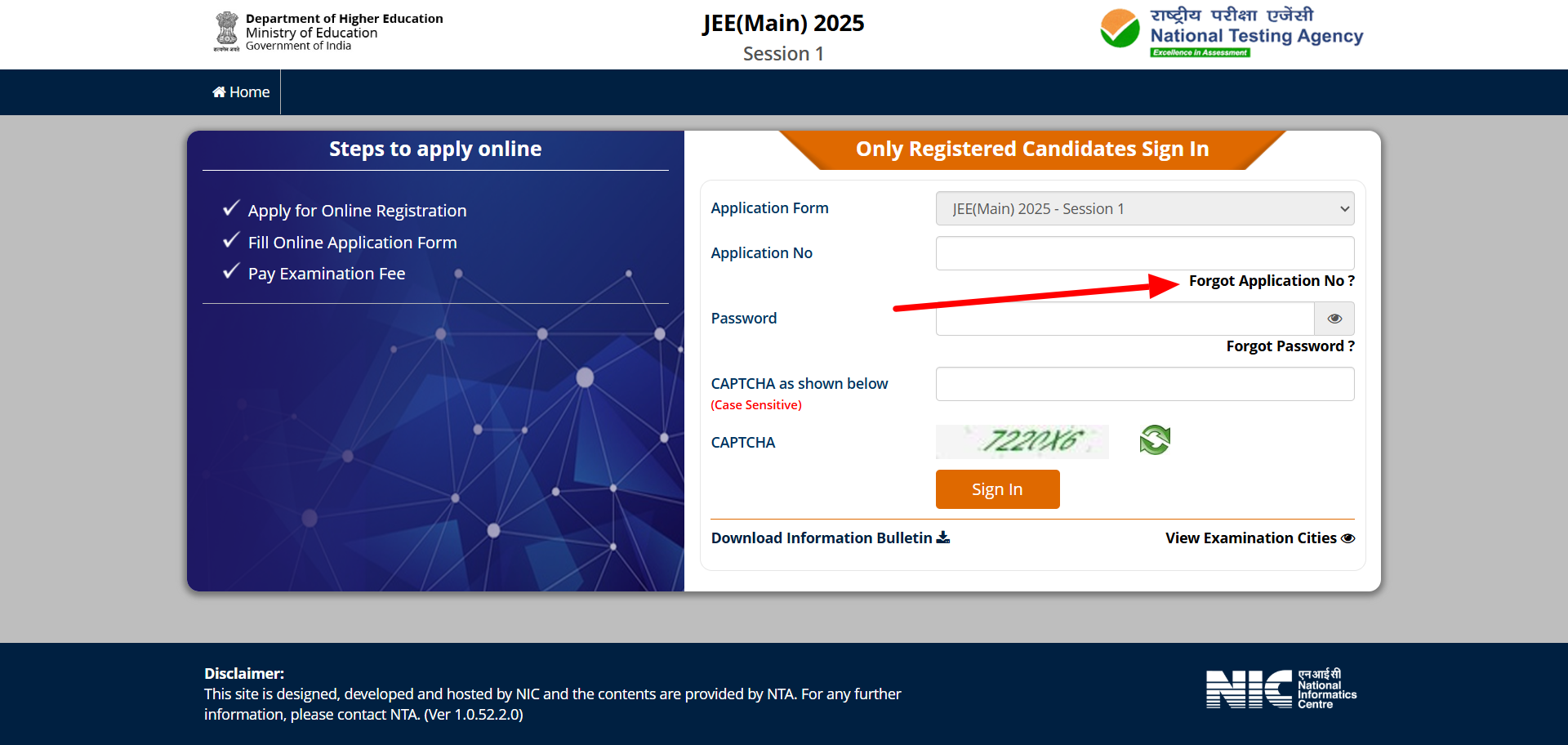 JEE Main login forgot application number