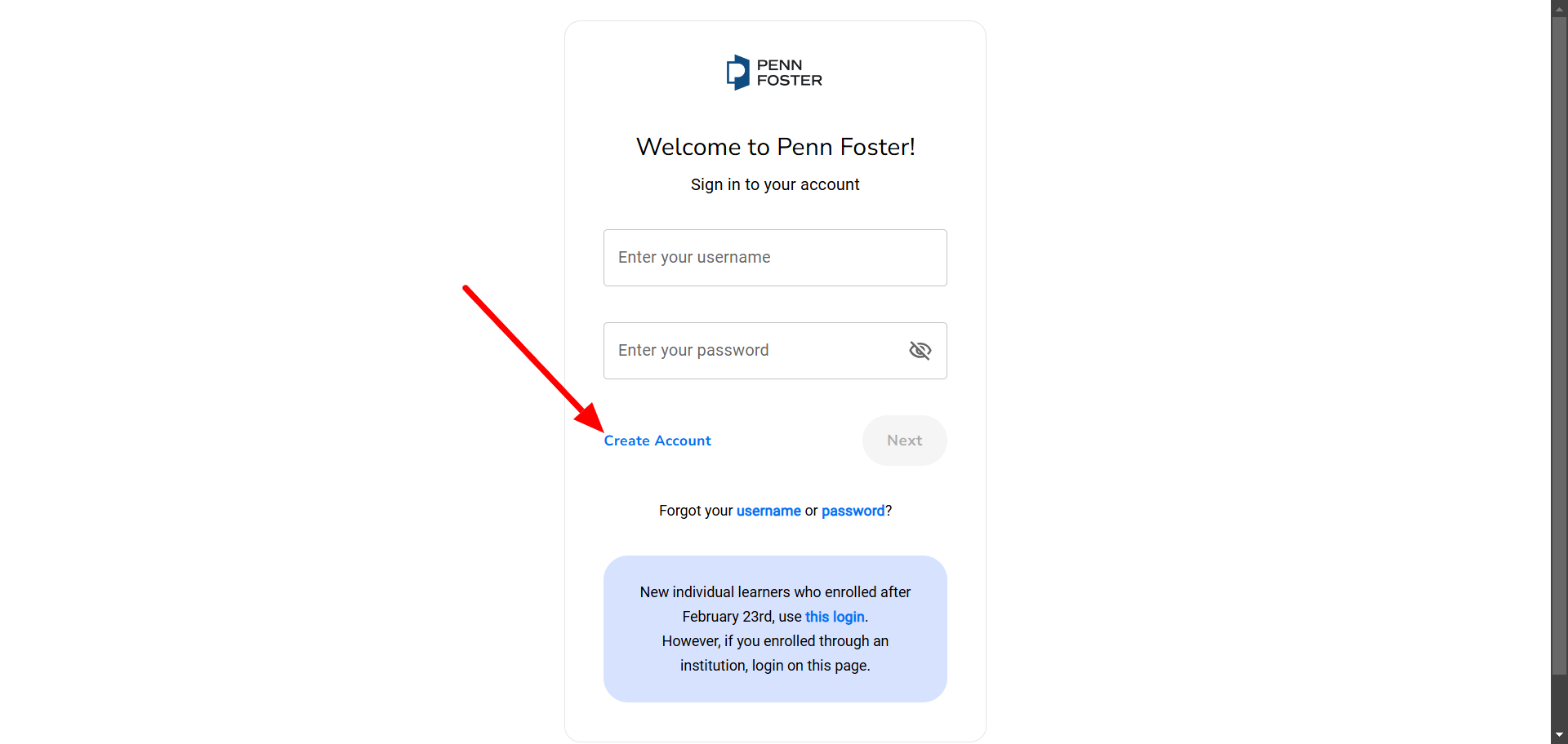 Penn Foster Student Portal account creation