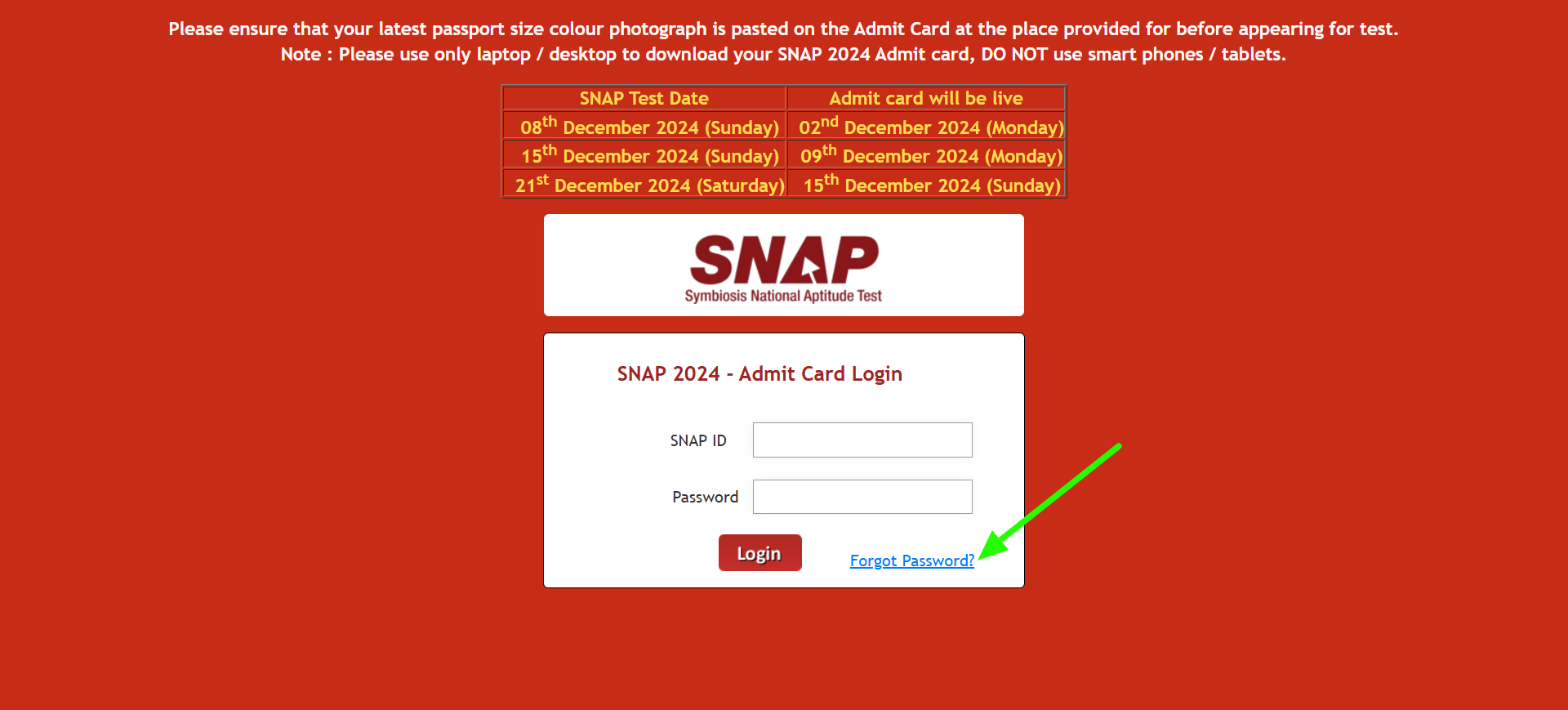 Download SNAP Admit Card forgot password