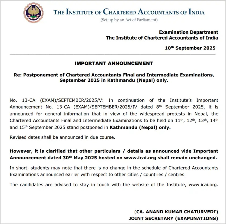 icai-postpones-ca-final-and-inter-exams-in-nepal