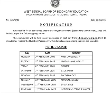 wb-madhyamik-2026-exam-dates